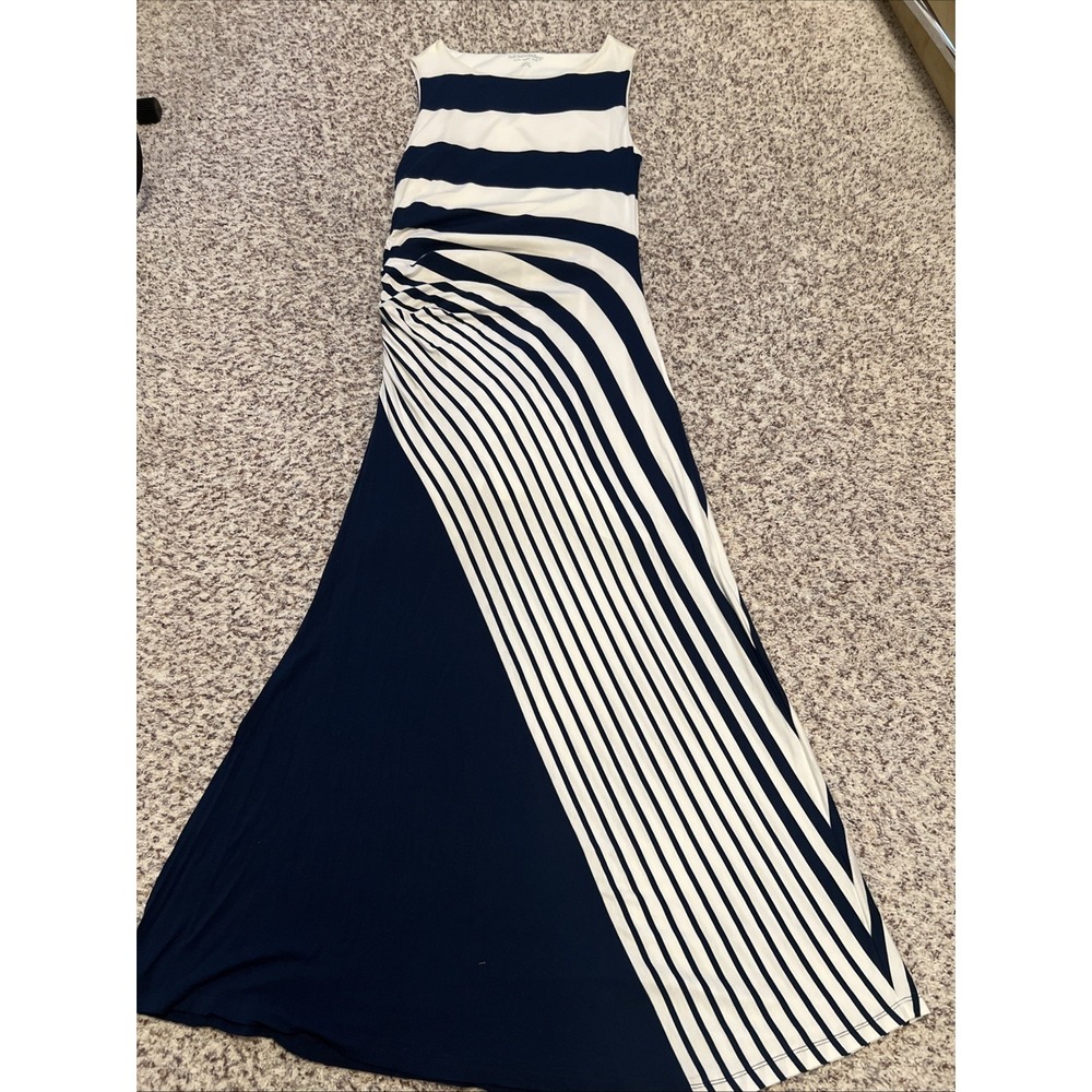 Soft Surroundings Vela Infinity Maxi Dress Sz M  Blue Striped Stretch Sleeveless